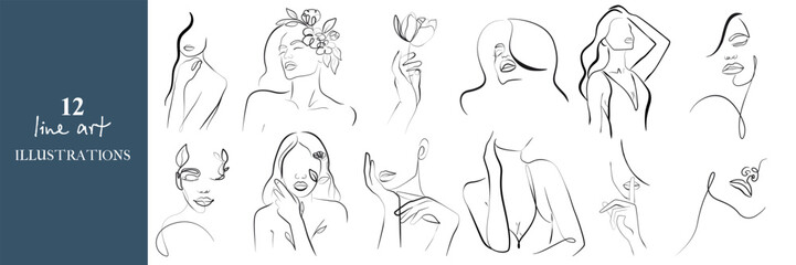 Abstract Line Art Drawing of Female Body Set. One Line Collection of Woman Silhouette for Wall Décor, Bedroom Wall Art, Posters, Prints. Abstract Silhouettes Linear Style Hand Drawn Vector
