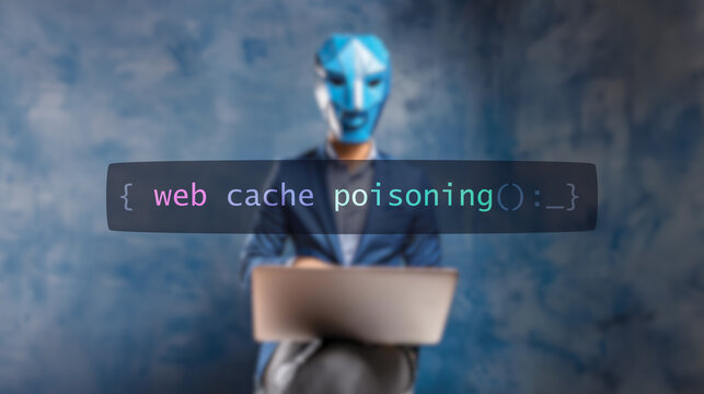 Cybersecurity concept web cache poisoning on foreground screen, hacker silhouette hidden with low poly style mask. Vulnerability and attack on colored code editor. Text in English, English text