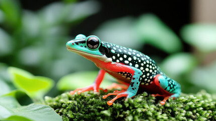 Fototapeta premium Vibrant spotted frog perched on lush green moss in a natural rainforest setting