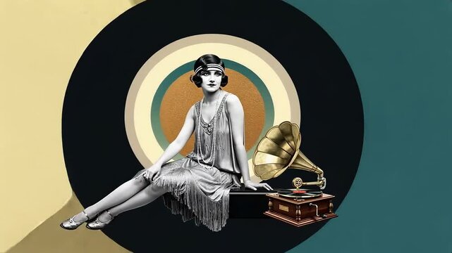 Elegant 1920s flapper girl aesthetics with vintage gramophone