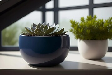 A pair of blue ceramic planters, each containing lush green plants, adding a touch of elegance to the setting.
