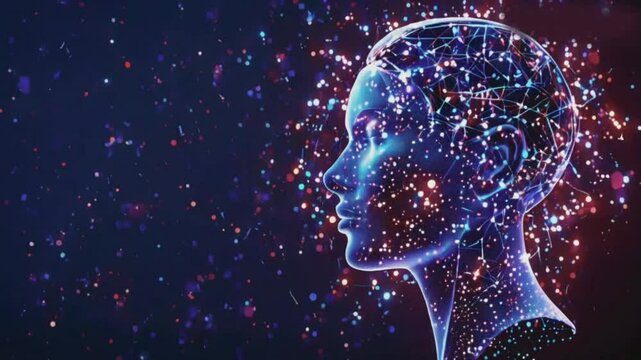3D womans head model consisting of particles and dots rotates 3 axes 60 FPS. Science concept, object made of molecules. Tutorial Video. High quality HD 4K video Clip