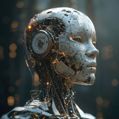 Fototapeta premium Neural Network as Woman Head, Future Predict, Futuristic Cyber Human, Cyborg Machine Portrait