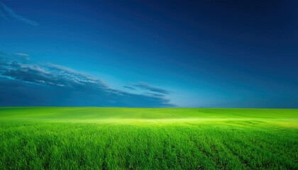 Obraz premium Expansive Green Field Under a Vast Blue Sky with Rolling Clouds. Ideal Stock Photo for Environmental, Agricultural, and Outdoor Branding Concepts or Scenic Landscape Design Projects
