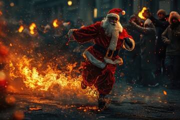 Bad Santa, Burning Santa Claus Runs Away from an Angry Crowd, Old Bearded Man Runs Away