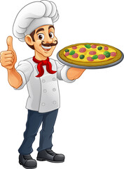 A chef cook holding a pizza cartoon food man mascot character illustration