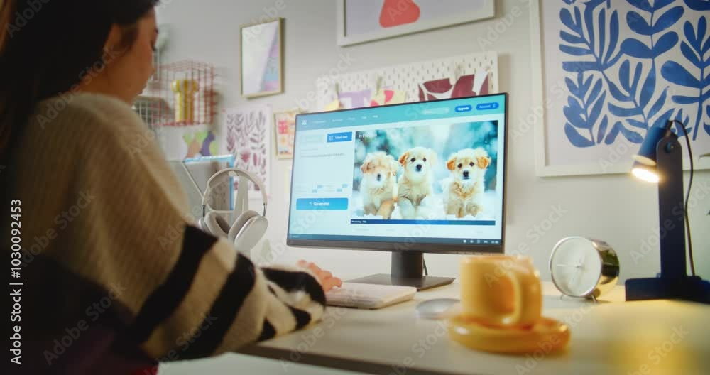 Poster girl types text prompt in ai video generator on computer. pc screen shows artificial intelligence so