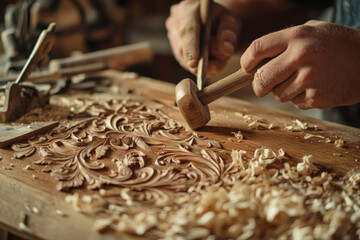 A skilled carpenter uses a mallet and chisel to carve beautiful, intricate patterns into a wooden surface, surrounded by shavings and tools in a bustling workshop.