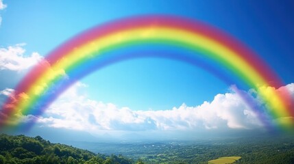 A vibrant rainbow arches over a picturesque landscape of rolling green hills and fluffy white clouds against a clear blue sky.