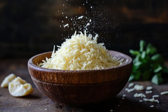 Grated Cheese Falling into a Wooden Bowl