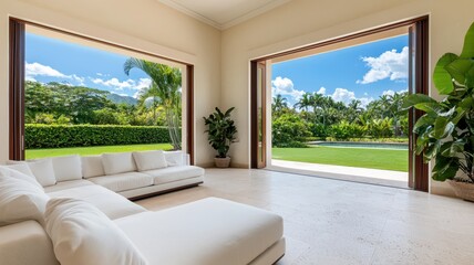 Fototapeta premium Elegant living room with folding doors showcasing a stunning garden and outdoor oasis.