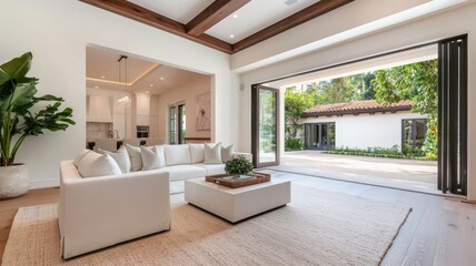 Fototapeta premium Elegant living room with folding doors showcasing a stunning garden and outdoor oasis.