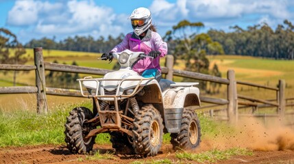 Obraz premium Woman riding an ATV on a dirt track, kicking up dust.