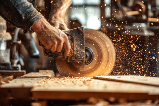 Wood shavings fill the air as a carpenter expertly guides a power tool along a wooden board, showcasing craftsmanship in a well-lit workshop.