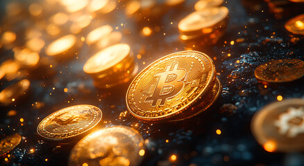 A background of falling golden coins with Bitcoin logos on them, a dark blue gradient in the background, 3D render, Cinema 4D, Blender, high resolution