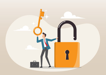 smart businessman holding golden key to unlock the pad