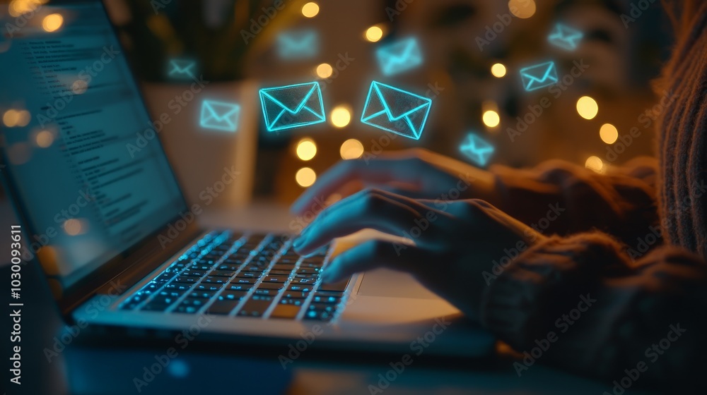 Poster close-up of a person's hands typing on a laptop with email notifications floating above the keyboard