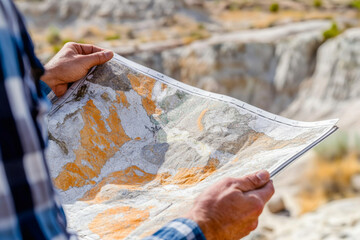 A geologist holds a weathered geological map, carefully analyzing its details while surrounded by rugged rocks in a mountain environment, deep in study.