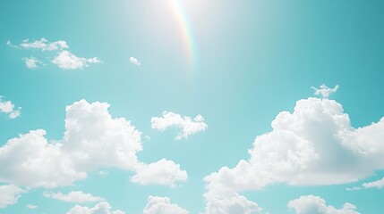 A beautiful blue sky with fluffy white clouds and a rainbow.
