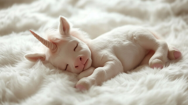A newborn unicorn sleeping on the whiite fluffy blanket