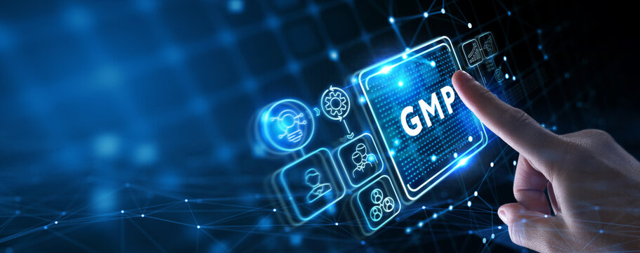 Good manufacturing practice certification quality control on virtual screen. GMP.