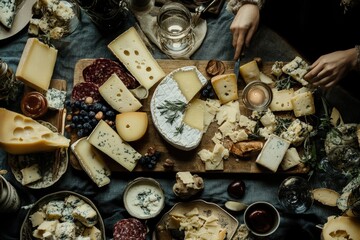 A Rustic Cheese Plate with Assorted Cheeses, Crackers, and Fruit