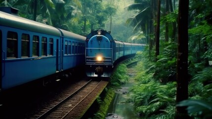 Fototapeta premium Blue Train Through Lush Green Jungle