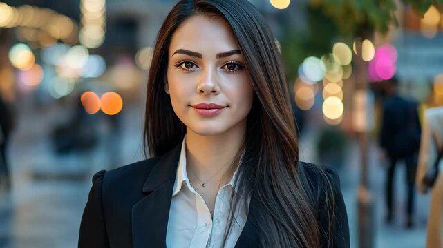  businesswoman look confident standing at metropolis city street