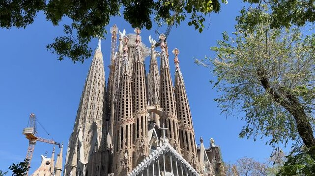 La Sagrada Familia basking in sunlight with surrounding trees, ideal for Easter and architectural themes