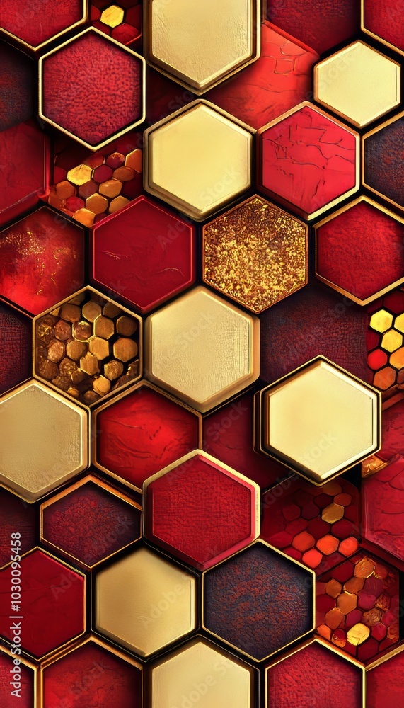 Poster red and gold hexagon pattern, abstract geometric background, luxury texture 3d rendering