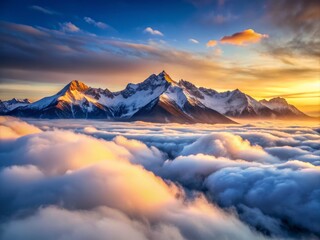 Fototapeta premium Majestic Snowcapped Mountain Range Emerging from a Sea of Clouds Bathed in Soft Morning Light - Captivating Long Exposure Landscape Photography