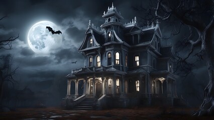 Halloween hauntingly dark and moody black building, creepy and macabre Halloween scary house poster moonlit night, holiday event Halloween banner background concept