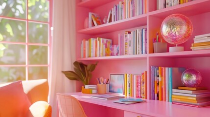 Pink Desk with Bookshelf
