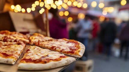 Freshly made pizza slices being served hot, crowded night market, street food snacks, Italian feast