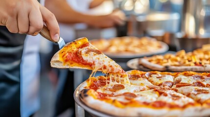 Freshly made pizza slices being served hot, crowded night market, street food snacks, Italian feast