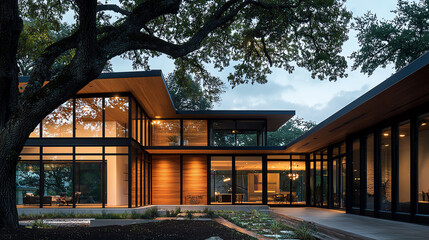 Obraz premium Modern house with large windows and greenery.