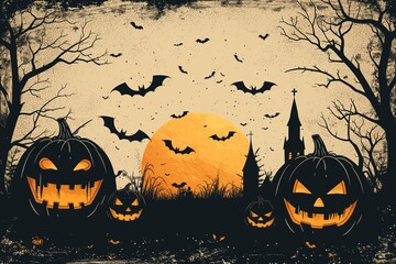 Halloween background with pumpkins and bats. Flat illustration.