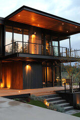 Obraz premium Modern house with wooden design and glass walls