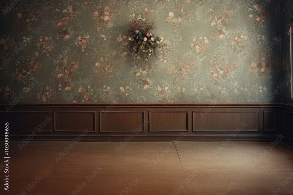 Sticker Vintage floral pattern wallpaper wall living room and woden floor in the modern victorian styles architecture blackboard flooring.