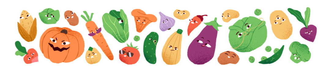Funny vegetables with faces set. Different comic characters with various emotions: happy, sad, angry. Cute farm food: carrot, cabbage, pumpkin. Flat isolated hand drawn vector illustrations on white