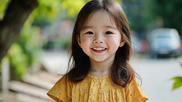 happy young Japanese girl smiling cheerful at outdoor town steet