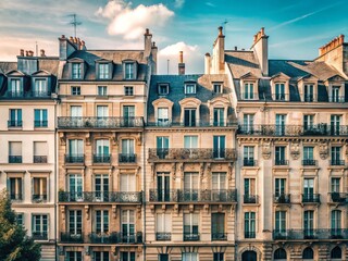 Fototapeta premium Minimalist Parisian Buildings: Captivating Architectural Beauty in Soft Light, Clean Lines, and Subtle Textures of Urban Life and Cityscape Photography