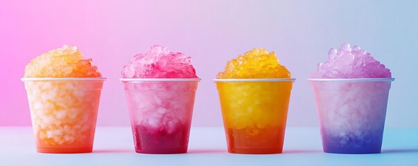 Ice-cold shaved ice with bright syrups, neon-lit background, street food snacks, summer treat