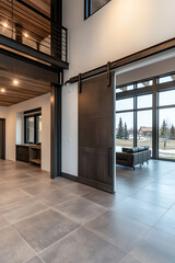 Fototapeta premium Modern interior with large windows and sliding door