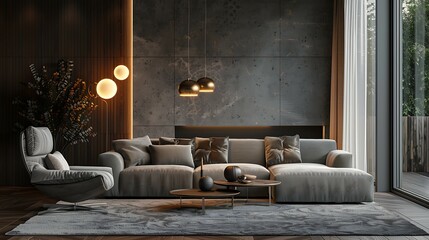 interior with blue sofa and armchair. 3d render illustration