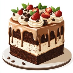 Chocolate Cake with Whipped Cream and Strawberries Illustration