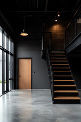 Fototapeta premium Modern interior with stairs and large windows