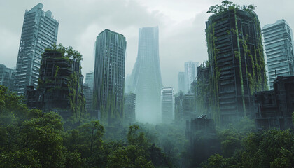 Obraz premium A futuristic city, now abandoned and overgrown with thick vines, moss, and towering trees that have grown through skyscrapers