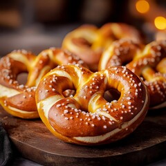 Soft pretzels with salt under a warm light, bustling crowd, street food snacks, classic snack