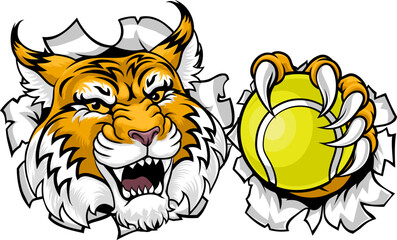 A wildcat or bobcat with a tennis ball sports team animal cartoon mascot